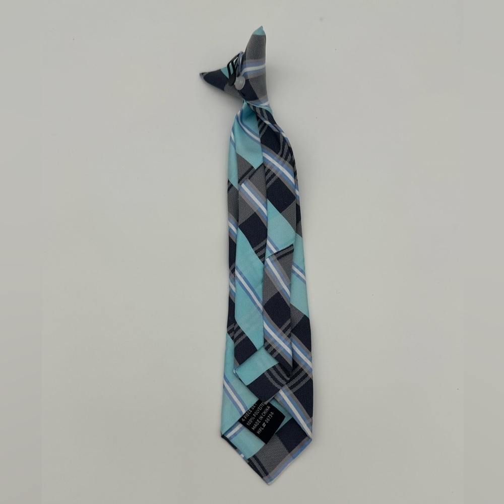 Boys Clip on blue plaid dress outfit neck tie gray formal kids one size - Picture 3 of 4